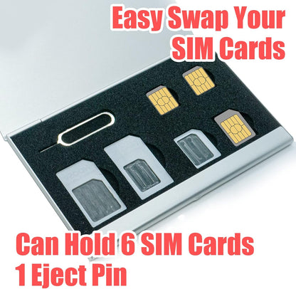 Aluminum SIM Card Case, 6Slots Ultrathin SIM Card Holder with SIM Card Adapter Kit for Travelers or Holiday Trip (6SIM+Silver)