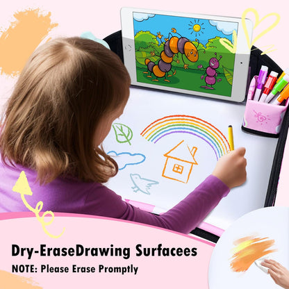 Kids Travel Tray, Car Seat Tray for kids Travel, Toddler Road Trip Essentials With Drawing Kit, Toddler Lap Desk Organizer for Car, Carseat Table for Airplane