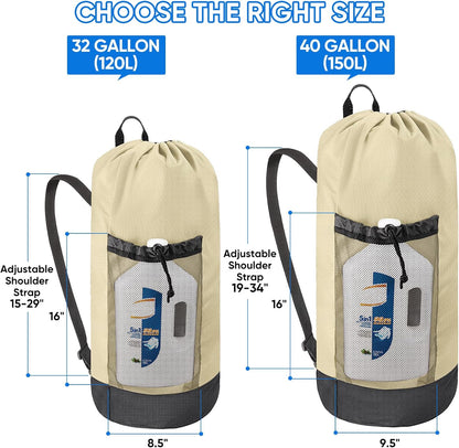 BALEINE 120L Laundry Bag Backpack, 900D Oxford Fabric Large Travel Laundry Bags with Shoulder Straps and 2 Mesh Pockets for College Dorm, Apartment, Laundromat (Beige, 120L)