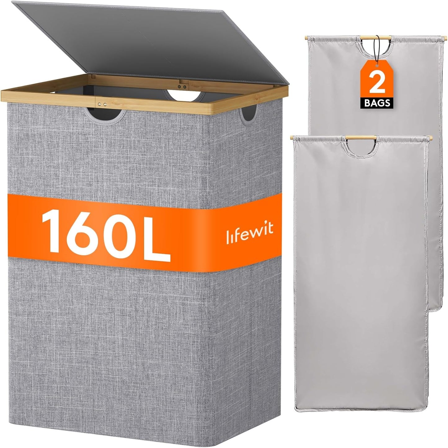 Lifewit 160L Double Laundry Hamper with Lid, Extra Large Bamboo Laundry Basket Dirty Clothes Hamper, 2 Section Laundry Bin Organizer for Laundry Room Bedroom with 2 Removable Liners & Bags, Gray