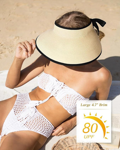 Camptrace Sun Visors for Women Wide Brim Beach Hat Foldable Straw Visor Hat Ponytail Summer Packable UPF 50+