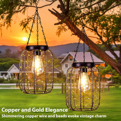 Hanging Solar Lanterns Outdoor Waterproof, Vintage Copper Hanging Lantern Lights for Outside, Solar Chandelier Outdoor Idea for Yard Garden Pathway Gazebo Pergola Porch Decor (4)
