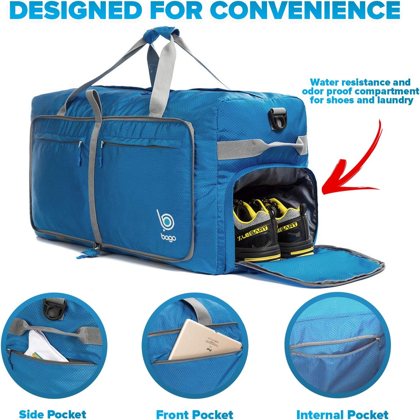 Bago Big XXL Foldable Duffel Bags for Traveling Women & Men - 140L Packable Duffle Bag for Travel with Shoe Compartment - Water Repellant, Heavy Duty, Lightweight Folding & Collapsible (Blue)