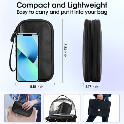 Leather Travel Electronic Organizer - Double Layer, Waterproof Case for Cables, Chargers, Phones & More - Portable, Shockproof Pouch for All Your Electronics Accessories (Black, M)