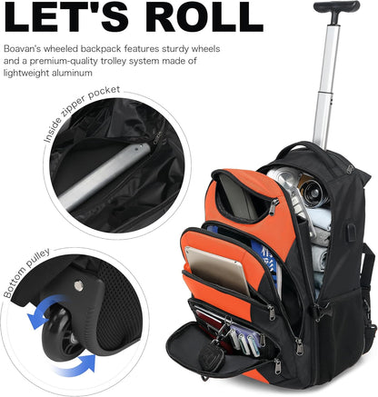 Boavan Rolling Backpack,17 inch Water Resistant Wheeled Backpack,Carry on Luggage Business Bag, Overnight College Computer bag Trolley Suitcase for Men Women Adults to Travel，Black&Orange