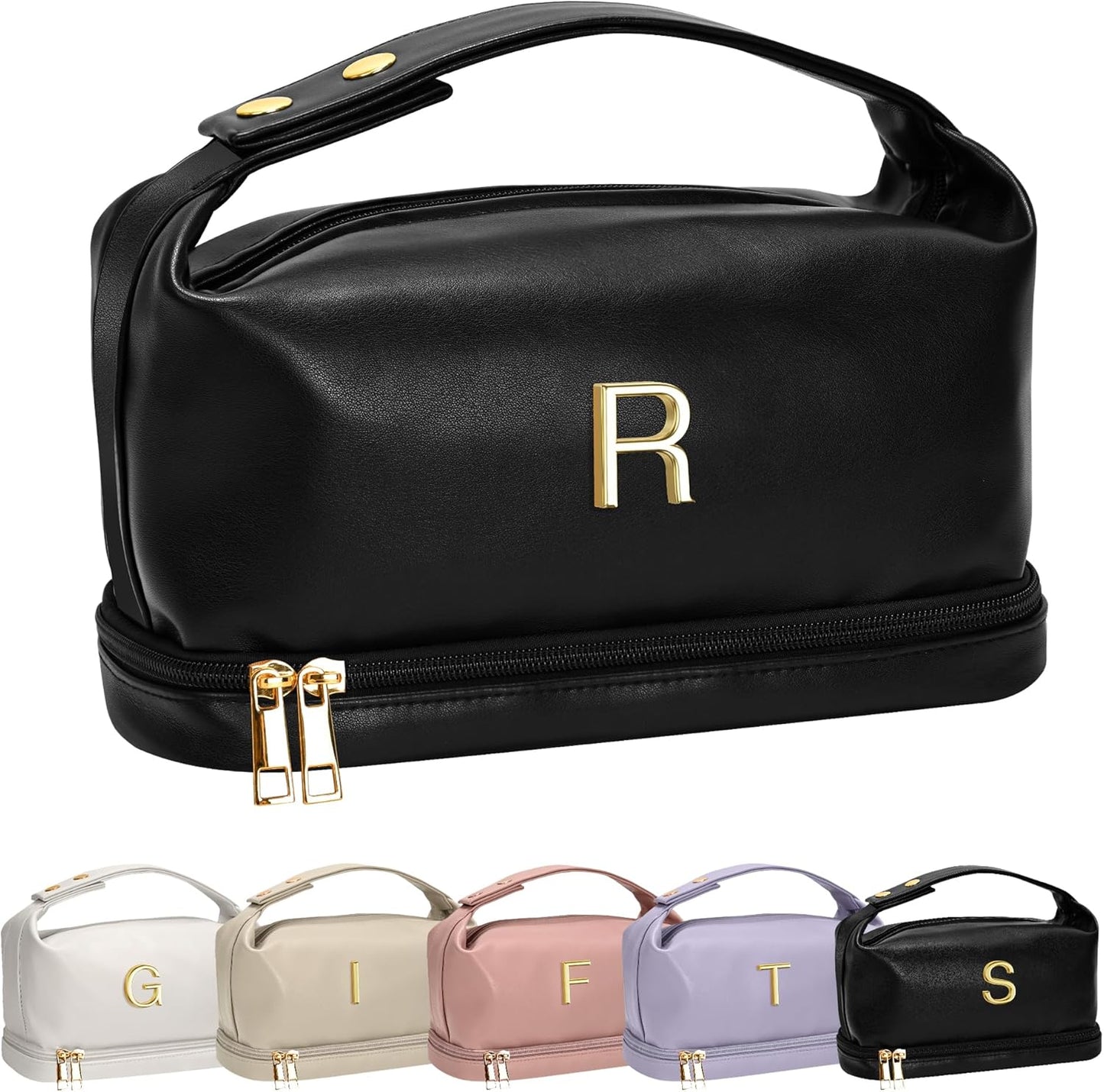 Graduation Gifts for Girls-Initial Makeup Bag with Handle, Double Layer Cosmetic Bag, Makeup Bags for Women Letter Toiletry Bag with Makeup Brush Organizer-Birthday Gifts for Women