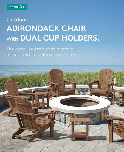 SERWALL Adirondack Chair with Cup Holders - Composite Adirondack Chairs Set of 4 HDPE Outdoor Chairs All Weather Use- Brown
