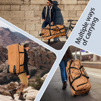 110L Expandable to 140L 32” Foldable Oxford Soft-Sided Rolling Duffle Bag with 2 Heavy-Duty Wheels,3 Large Compartments,Adjustable Shoulder Strap and Attached Organizer Pouch,Coffee