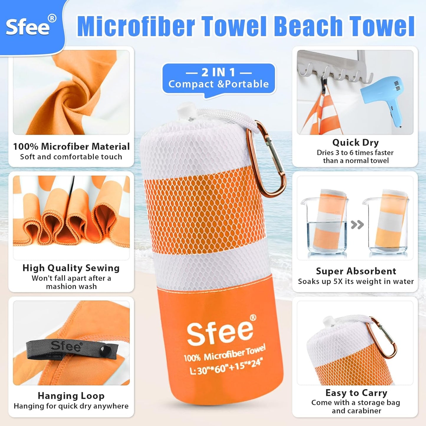 Sfee 2 in 1 Microfiber Travel Towel, Quick Dry Towel Camping Beach Towel Super Absorbent Compact Lightweight Sports Gym Towel Set for Gym, Hiking, Pool, Bath, Yoga (Small: 32''x16'')