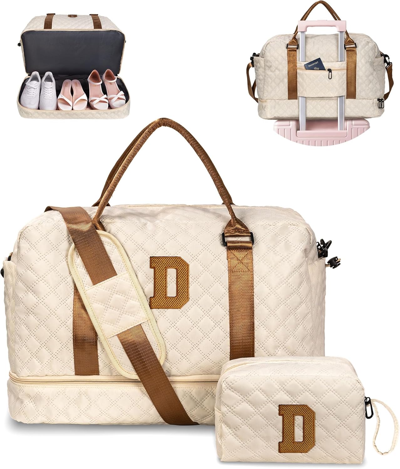 Initial Duffle Bag with Shoe Compartment, Personalized Weekender Bag, Monogram Overnight Bag for Women with Trolley Sleeve & Wet Pocket, Letter Travel Bag with Makeup Bag (Letter D), Beige