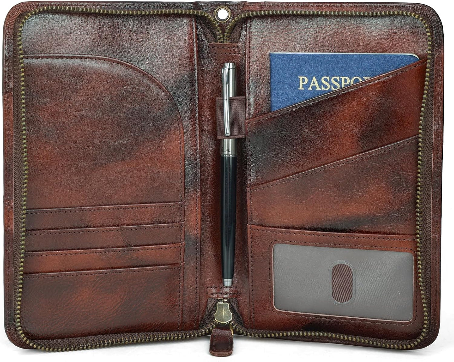 Polare Full Grain Leather Passport Holder With YKK Zipper RFID Blocking Travel Document Organizer Ticket Holder Cover Case Holds 2 Passports (Coffee)