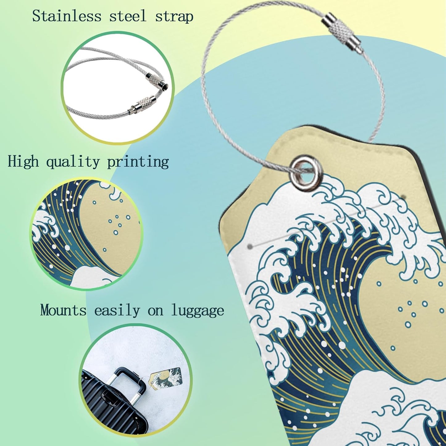 Luggage Tags for Suitcase,2 Pack Japanese Ocean Wave Luggage Tag Leather Privacy Cover ID Label with Stainless Steel Loop for Women Men Kids Girls Travel