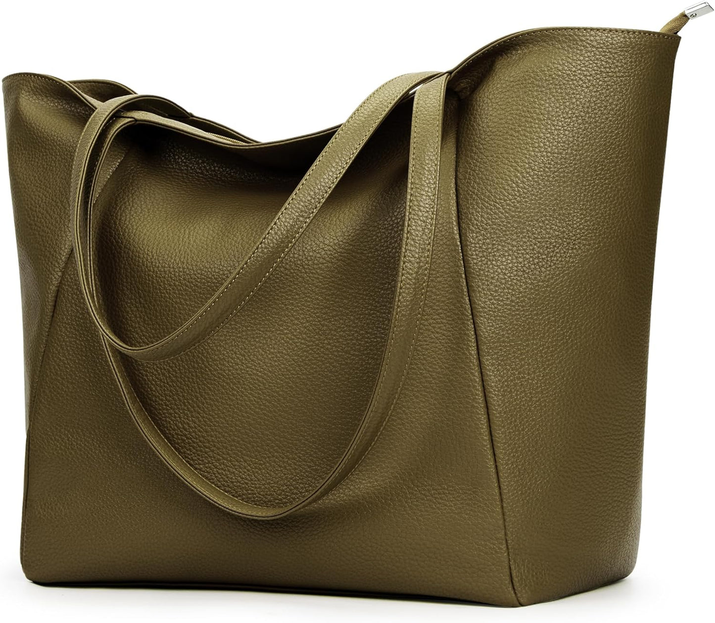 KALIDI Large Tote Bag Vegan Leather Casual Zipper Work Bag Weekender Hobo for Women 23L Oversize Shoulder Travel Purse