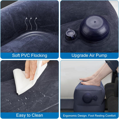 Inflatable Foot Rest Pillow for Travel,2 Pack Travel Foot Rest for Airplane Flights, Car Seat Foot Rest Pillow with Pump & Storage Bag Suitable for Office,Airplane,Train,Cars,Home (2Pack Navy)