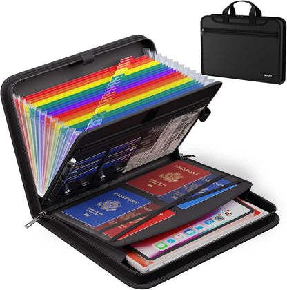 ENGPOW Accordion File Organizer,Fireproof Expanding File Folder with Colorful Pockets,25 Pockets Document Organizer with Handle & Labels,Portable Home Travel Safe Storage for Letter A4 Files,Black