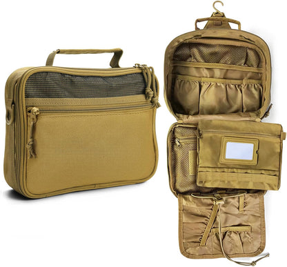 SUNRISING Tactical Toiletry Bag for Men - Hanging Travel Dopp Kit, Shaving Hygiene Organizer, Durable Bathroom Essentials for Short Trips & Camping Khaki（No molle）