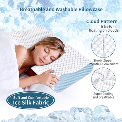 Cervical Neck Pillow for Pain Relief - Ergonomic Contour Memory Foam Pillows, Cooling Side Sleeper Pillow for Sleeping, Orthopedic Bed Pillow for Back Stomach Sleepers with Pillowcase
