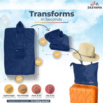 3-in-1 Travel Blanket Airplane – Compact with Bag & Pillow Combo Set, Navy Blue Ultra-Soft Fleece | Packable Blanket Compact | Hidden Pocket | Trolley Sleeve | Carabiner | Travel Essentials