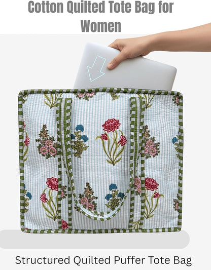 Cotton Quilted Tote Bag for Women – Large Beach & Travel Tote with Zipper, Reusable Grocery Bag