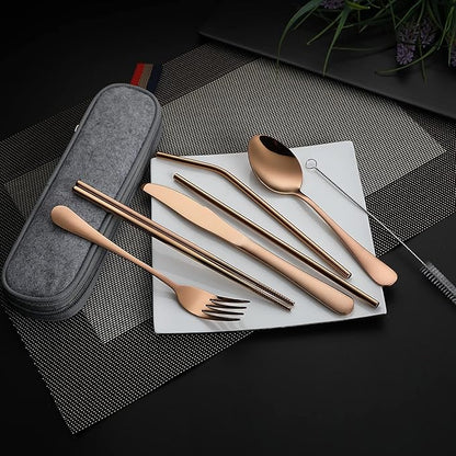 DEVICO Portable Utensils, Travel Camping Cutlery Set, 8-Piece including Knife Fork Spoon Chopsticks Cleaning Brush Straws Portable Case, Stainless Steel Flatware set (Rose Gold)