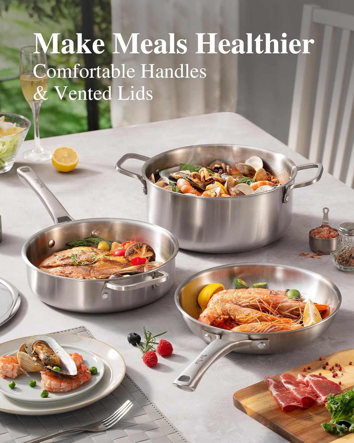 Stainless Steel Cookware Set,Tir-Ply Pots and Pans Set,13 Pcs Stainless Steel Induction Kitchen Cookware Sets,PFOA Free, Frying Pans,Saucepans,Saute Pan & Stock Pot,Compatible with All Cooktops