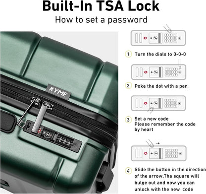 KYME Hardside Carry On Luggage 22x14x9 Airline Approved with TSA Lock Hardshell 22 Inch Suitcase with Spinner Wheels Small Travel Rolling Luggage with Cup Holder for Men Women Green