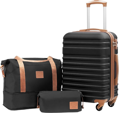 Coolife Suitcase Set 3 Piece Luggage Set Carry On Hardside Luggage with TSA Lock Spinner Wheels (Black, 3 piece set (DB/TB/20))