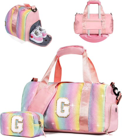 Gifts for 4 5 6 7 8 9 10 Year Old Girls-Girl Gym Bag with Shoe Compartment, Kid Personalized Weekender Overnight Bags, Initial Travel Tote with Makeup Pouch, Gift for Daughter (Letter G)