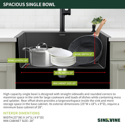 Black Kitchen Sink Drop-In 25 x 18 inch, SINKVINE PVD Nano Stainless Steel Outdoor Sink, Top Mount Large Deep Single Bowl Laundry Basin, w/Drain Strainer, Bottom Grid, Roll-up Drying Unit, Dark Gray