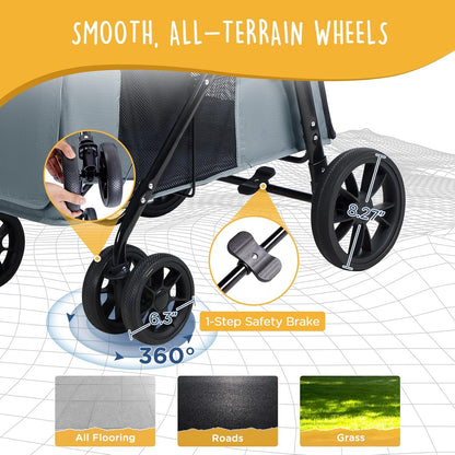 Scout Pet Stroller, 4-Wheel Design for Small/Medium Dogs - One-Button Fold, Adjustable Mesh Windows & Shades, 360° Swivel Front Wheels, Rear Wheel Brake for Safety