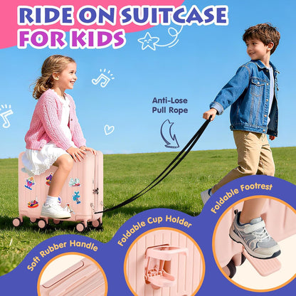 Kids Ride-On Luggage, 20" Hardshell Carry-On Suitcase with 6 Spinner Wheels, Foldable Pedal, Hidden Cup Holder & Combination Lock for Toddlers & Children (Pink, 20-inch)