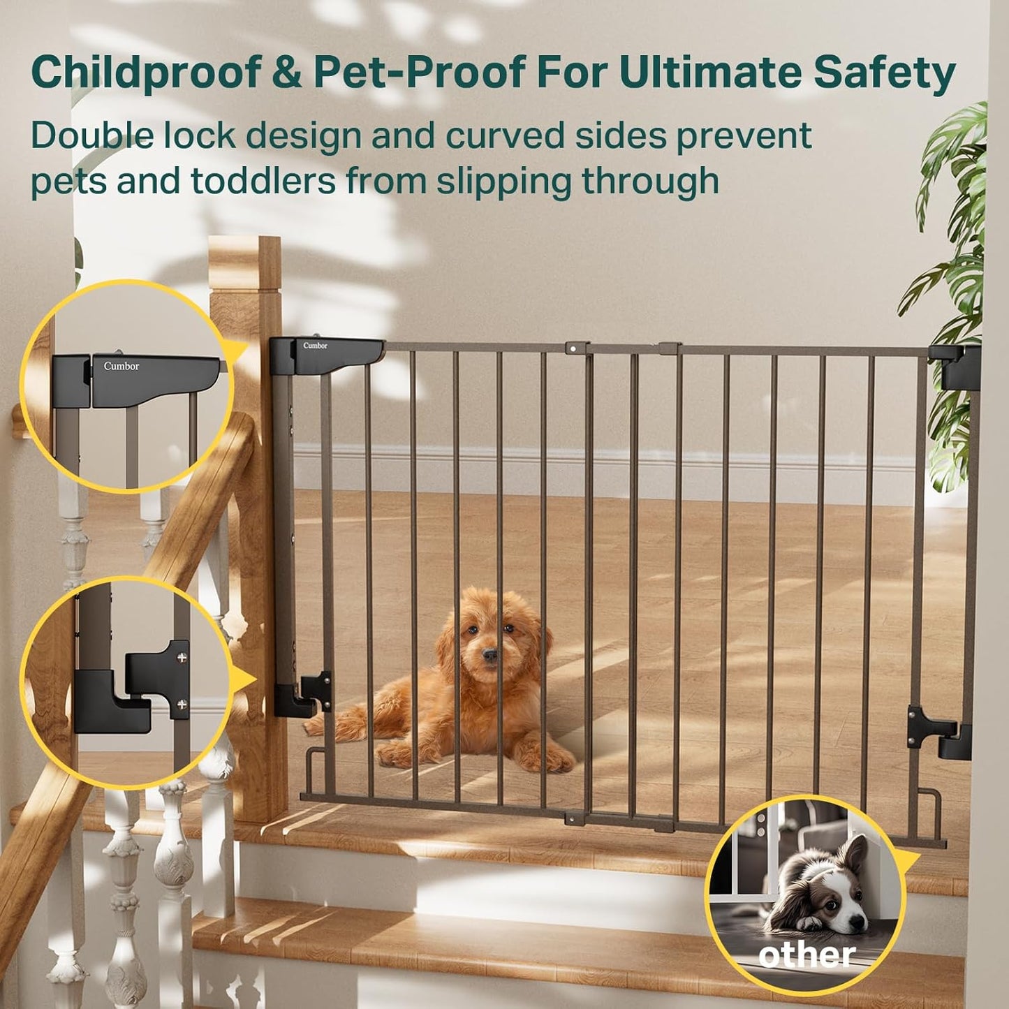 Cumbor 29.2–43" Baby Gate for Stairs, Wall-Mounted (Drill Required), Expandable No Bottom Bar Dog Gate, Auto Close Extra Wide Walk Thru, Pet & Toddler Proof Gate, Top & Bottom of Stairways (Brown)