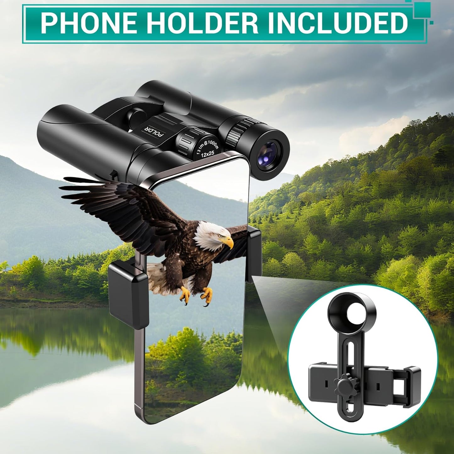 POLDR 12x25 Compact Binoculars for Adults and Kids, High Powered Waterproof Binocular with Phone Adapter, Small Easy Focus HD Binoculars for Bird Watching, Concerts, Hiking, Travel, Cruise