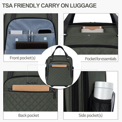 EMPSIGN Underseat Carry On Wheeled - 16" Carry on Bag with Wheels Multi-functional Lightweight Rolling Bag Overnight Weekender Small Suitcase for Women Men Travel Business, Army Green