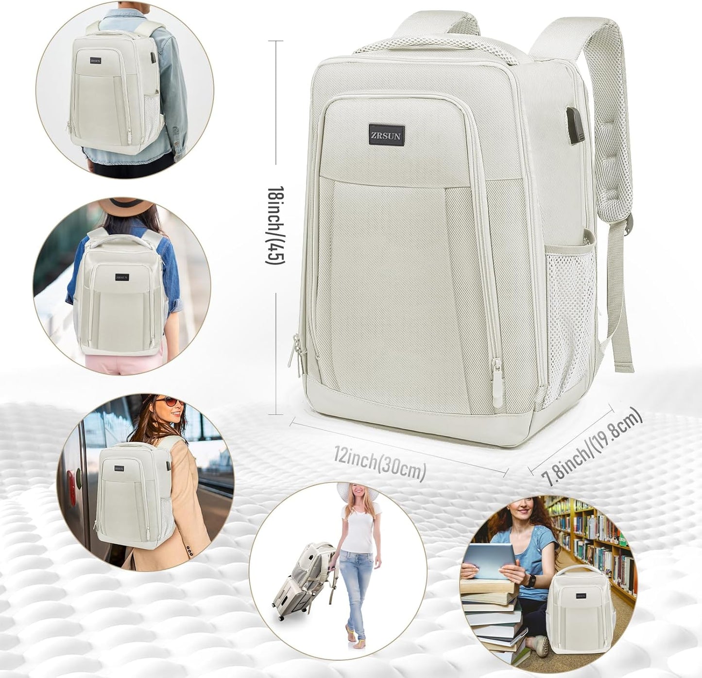 Travel Backpack, Business Anti Theft Slim Sturdy Laptops Backpack with USB Charging Port, Water Resistant College School Laptop Bag for Men & Women Fits 15.6 Inch Notebook (Beige)