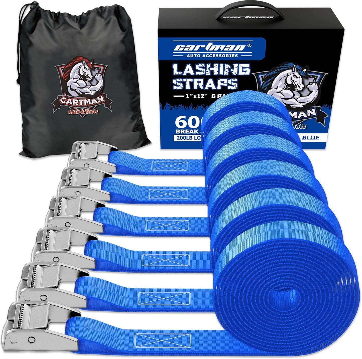 Cartman 1" x 12' Lashing Straps Cargo Tie-Down Strap Up to 600lbs, 6pk in Carry Bag, Blue