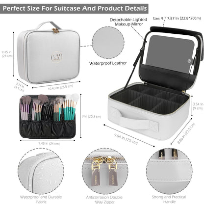 MOMIRA Travel Makeup Bag Cosmetic Bag Makeup Organizer Bag with Lighted Mirror, Adjustable Brightness in 3 Color Scenarios, Waterproof Makeup Train Case, Gift for Women - Silver