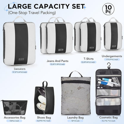 10 Set Compression Packing Cubes for Travel Essentials,Compressible Expandable Packing Cubes for Suitcase,OlarHike Luggage Organizer Bags for Travel,Handy Helper for Organizing Clothes(Black)