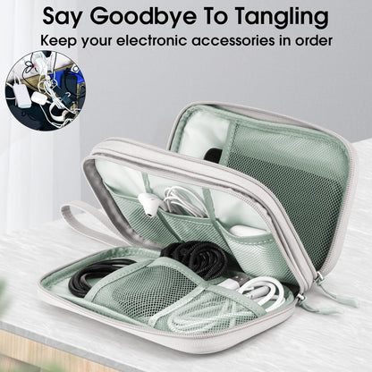Leather Travel Electronic Organizer - Double Layer, Waterproof Case for Cables, Chargers, Phones & More - Portable, Shockproof Pouch for All Your Electronics Accessories (Grey, M)