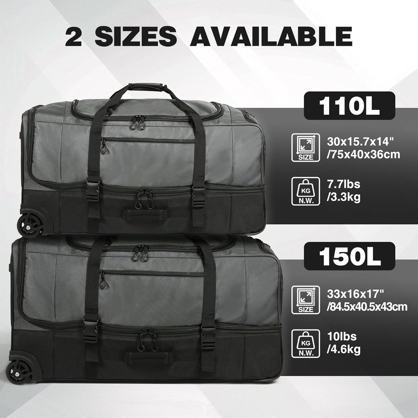 REDCAMP Large Rolling Duffle Bag with Wheels and Handle, 33-Inch Durable Heavy Duty Wheeled Travel Duffel Luggage, 2 Layers of Space