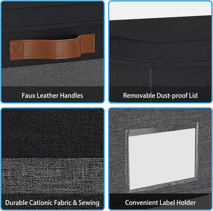 GhvyenntteS Storage Bins with Lids 6 Pack, Large Storage Baskets with Lid and 3 Handles, Foldable Fabric Storage Boxes with Lid and Label for Home Office (Grey&Black, 15" x 11" x 9.7")