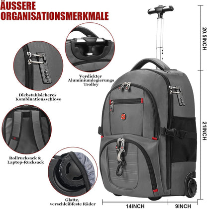 star cloud 21x14x9 Rolling Backpack with Wheels - Water-Resistant, 17.3" Laptop Compartment, Ideal Carry-On for Overnight Travel, College, Work - Wheeled Business Backpack for Adults