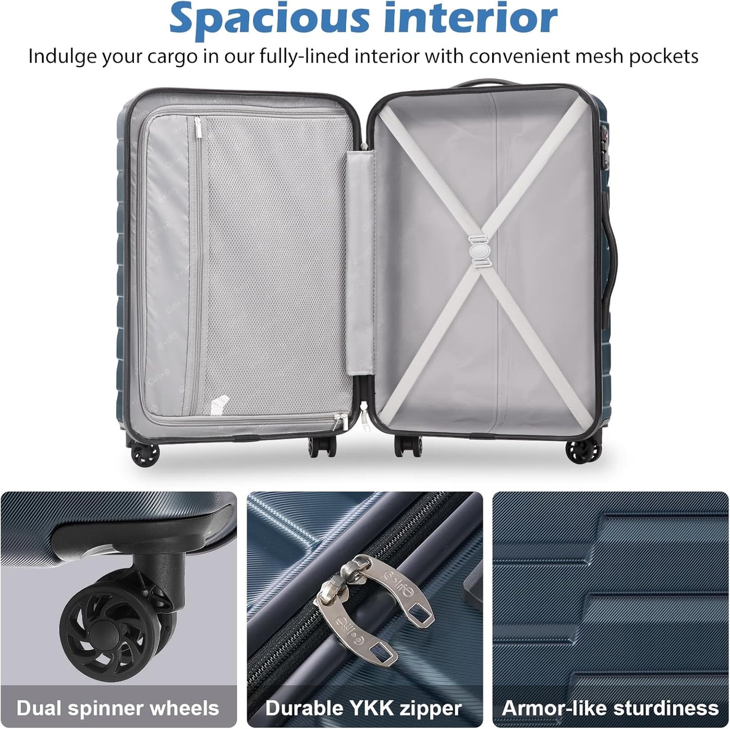 Coolife Luggage Sets, 3 Piece Hardshell Luggage Set with Spinner Wheels Expandable Suitcase Set PC+ABS TSA Lock, Sliver