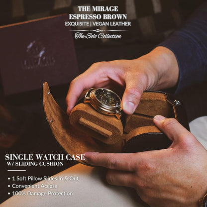 Single Watch Case Travel Box - Watch Travel Case for Men – Single Watch Roll - Espresso Brown Swiss Motif Vegan Leather