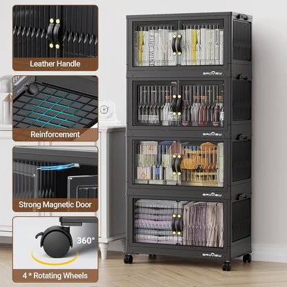 BROVIEW 240Qt Stackable Storage Bins with Lid, Extra Large Closet Organizer Collapsible Drawer Boxes with Wheels, Folding Plastic Cabinet Containers for Home Kitchen Room Organization, 4Pack Black