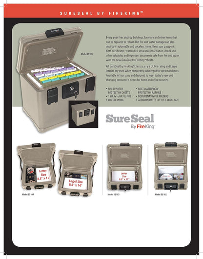 FireKing SureSeal Fire Safe with Key Lock, 1 Half Hour Fire Rated, UL Rated & 100 Hour Water Resistant Home Safe, Portable Home Safes, Taupe