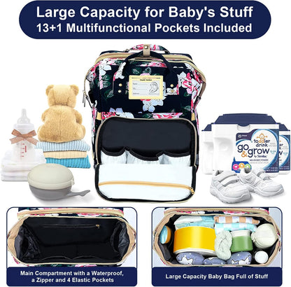 Diaper Bag Backpack Waterproof Baby Bag Large Capacity Multifunction Nappy Bags Floral Insulated Durable Travel Maternity Back Pack with Changing Station for Baby （Black）