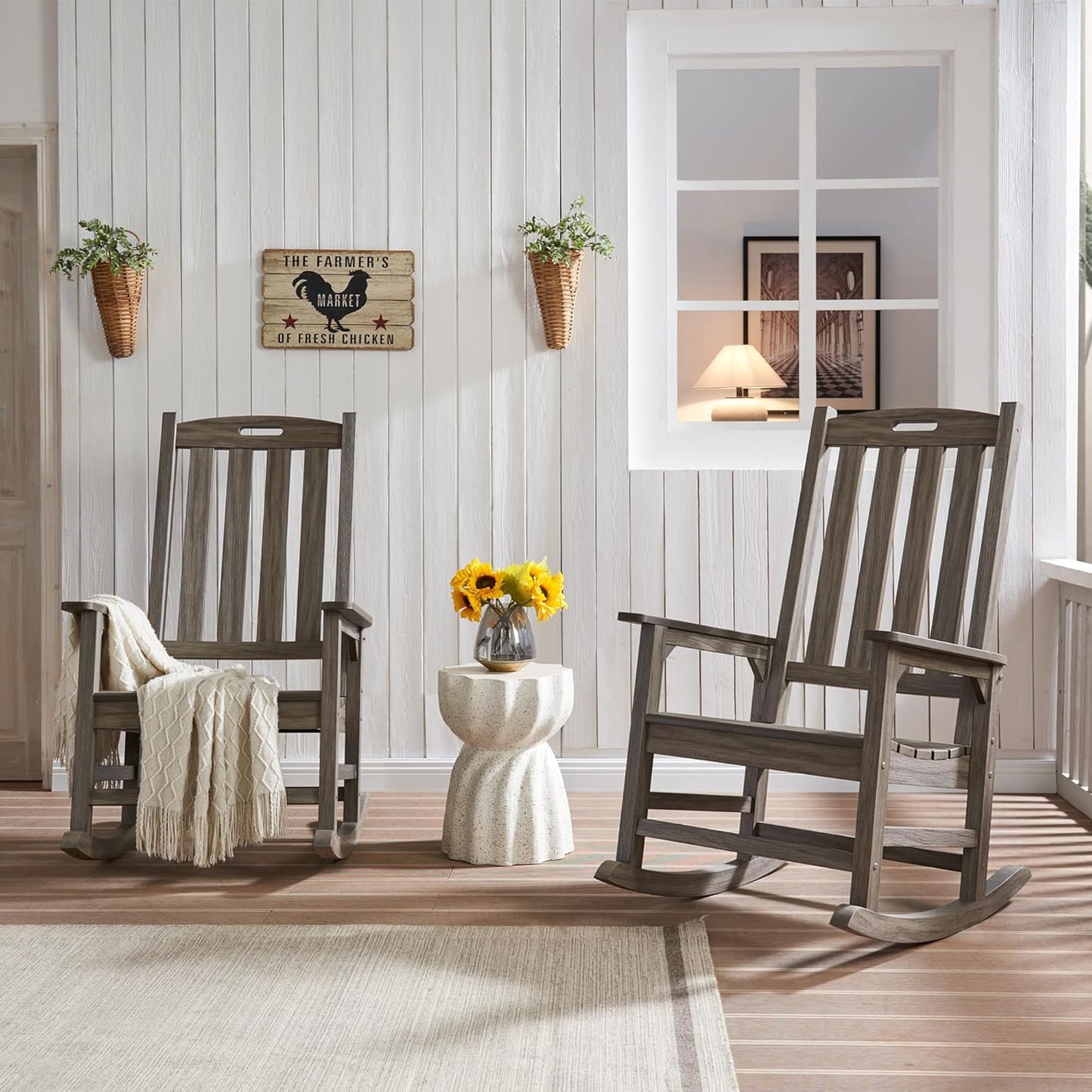 Psilvam Outdoor Rocking Chair, Poly Lumber Oversized Rocking Chair with 21" Wide Seat and 32" Tall Backrest, Pre-Assembled with Most Components for Effortless Installation(Light Gray)