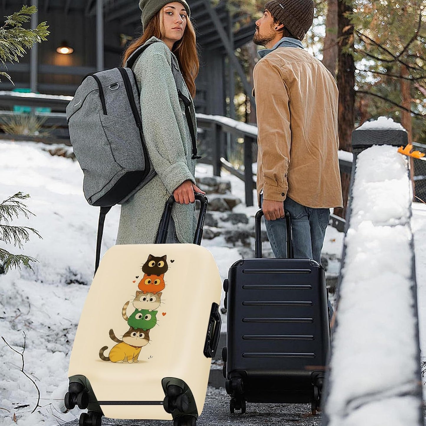 ANNA QUEEN Stacked Cute Cats Luggage Cover, Fun Cat Pile Design, Stretchable, Washable Travel Protector for 32-34 Inch Suitcases