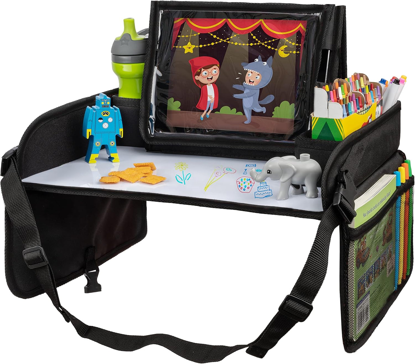 Lusso Gear Car Seat Tray - 1-Pack Black - 600D Oxford Lap Desk Organizer & Tablet Stand with Dry-Erase Surface, Snack & Cup Holder - Kids Travel Tray for Car Seat